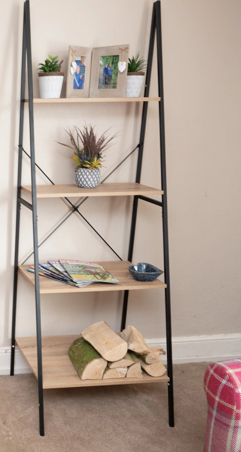 4 Tier Tall Ladder Bookcase Shelf Unit Black Metal Frame Bookcase Shelving Industrial