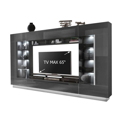 Levvrazae Glamorous Entertainment Center with Plentiful Display Cabinets and Radiant LED Lights