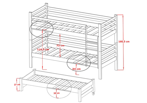 Luscanny Large Bunk Bed with Trudle and storage unit in 3 Colours
