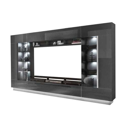 Levvrazae Glamorous Entertainment Center with Plentiful Display Cabinets and Radiant LED Lights