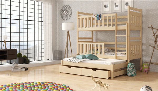 Luscanny Kids Wooden Triple Bunk Bed with Large Storage Drawers & Trudle in 4 Colours With Mattress