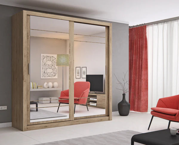 Luscanny Pine Wooden Sliding 2 Mirrored Door Wardrope 203cm in 3 colours