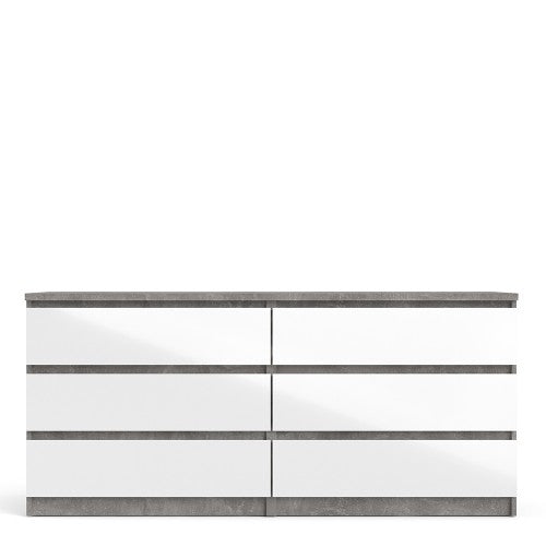 Luscanny Wide Chest of 6 Drawers Concrete High Gloss Storage Cabinet Sideboard White