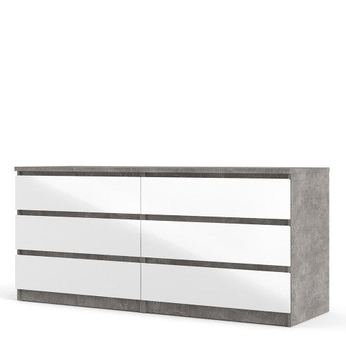 Luscanny Wide Chest of 6 Drawers Concrete High Gloss Storage Cabinet Sideboard White