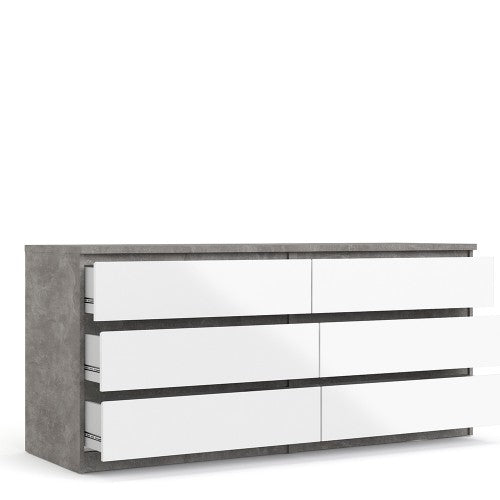 Luscanny Wide Chest of 6 Drawers Concrete High Gloss Storage Cabinet Sideboard White
