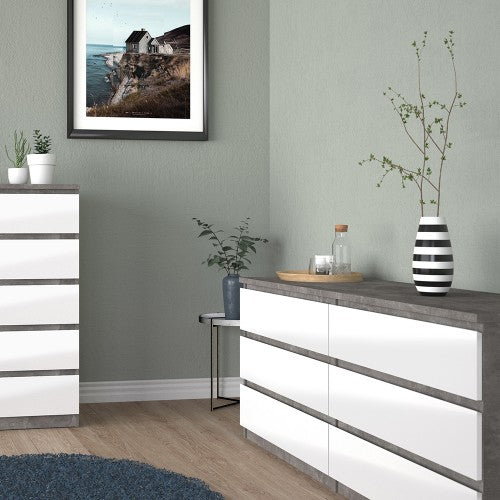 Luscanny Wide Chest of 6 Drawers Concrete High Gloss Storage Cabinet Sideboard White