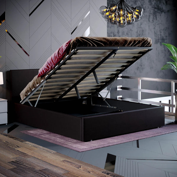Muvazzi Double Ottoman Faux Leather Bed in Brown With Large Underbed Storage & Headboard