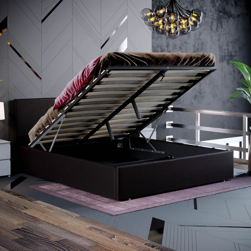 Muvazzi Double Ottoman Faux Leather Bed in Brown With Large Underbed Storage & Headboard