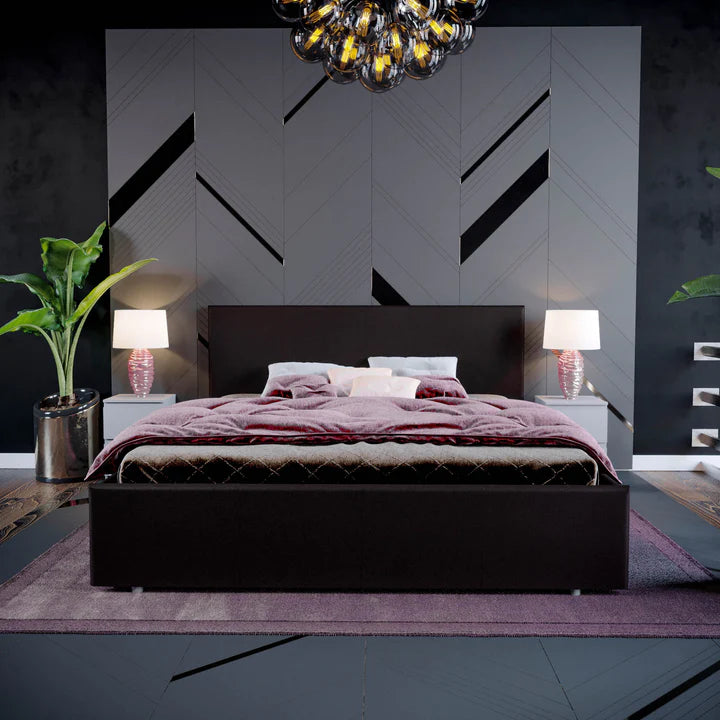 Muvazzi Double Ottoman Faux Leather Bed in Brown With Large Underbed Storage & Headboard