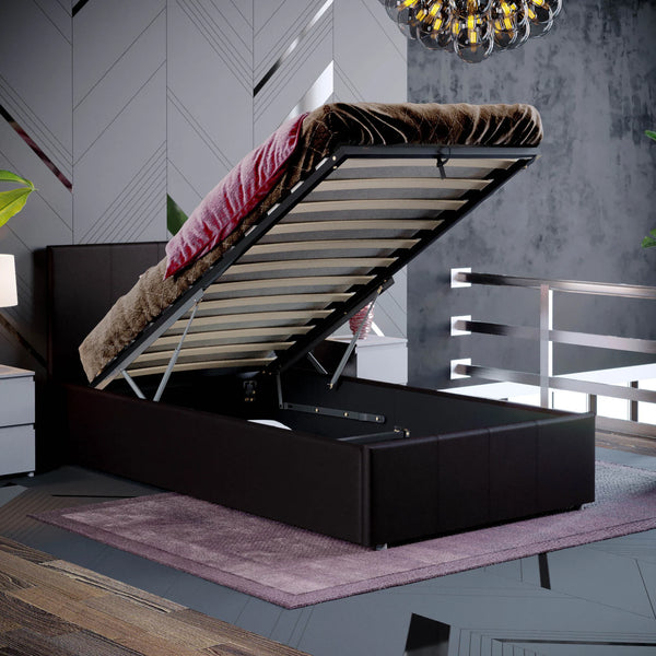 Muvazzi Single Ottoman Faux Leather Bed in Brown With Large Underbed Storage & Headboard
