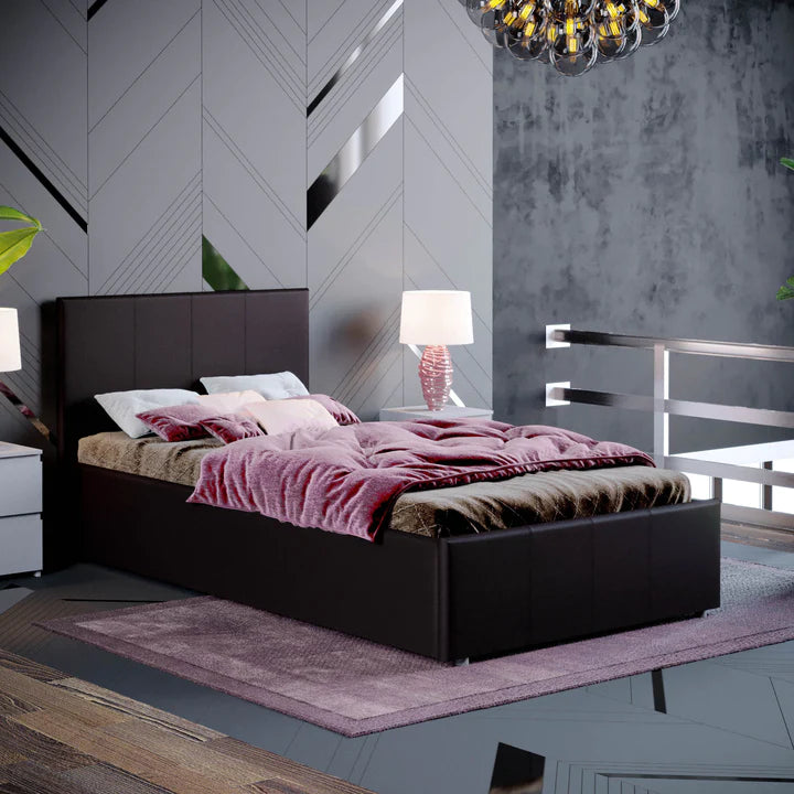 Muvazzi Single Ottoman Faux Leather Bed in Brown With Large Underbed Storage & Headboard