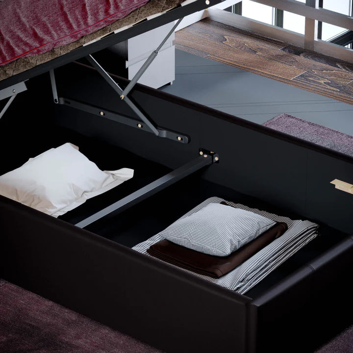 Muvazzi Single Ottoman Faux Leather Bed in Brown With Large Underbed Storage & Headboard