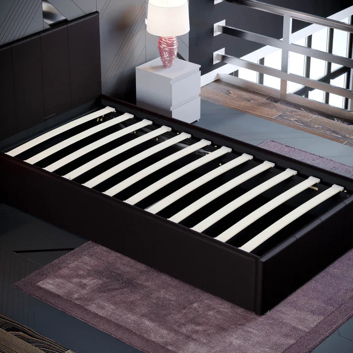 Muvazzi Single Ottoman Faux Leather Bed in Brown With Large Underbed Storage & Headboard
