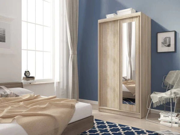 Vezteora Sliding 2 Door Mirror Freestanding Wardrobe with Polished wood in 2 colours