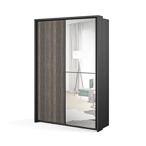 Vezri Polished Majestic wooden Sliding Mirror Wardrobe with Drawers 160cm