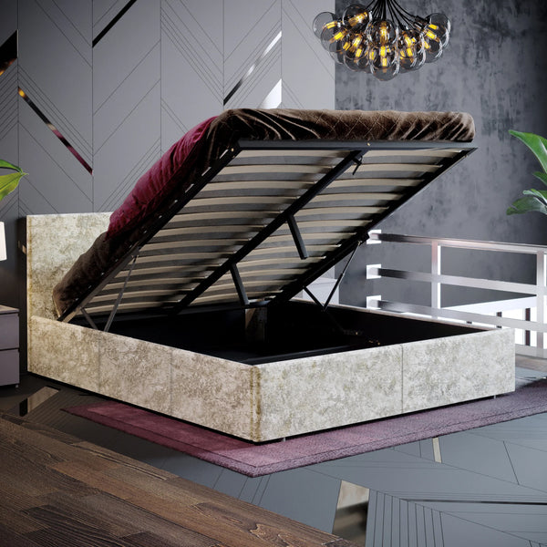 Muvazzi King Size Ottoman Faux Leather Bed in Gold velvet With Large Underbed Storage & Headboard