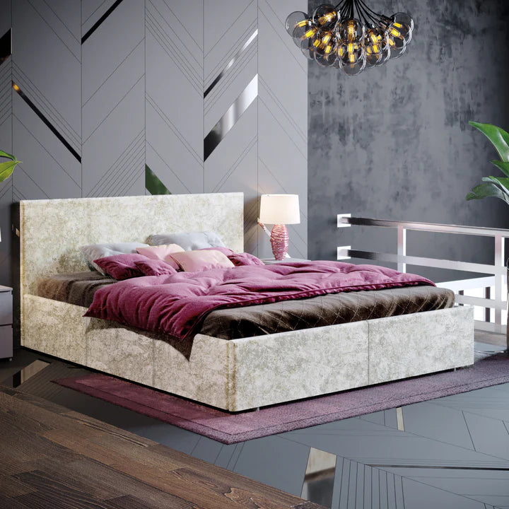 Muvazzi King Size Ottoman Faux Leather Bed in Gold velvet With Large Underbed Storage & Headboard