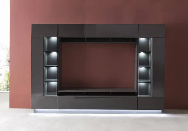 Luscanny Vezzit Large Grey High Gloss TV Entertainment Unit Living Room Set With Display Cabinets & LED Lights 275cm