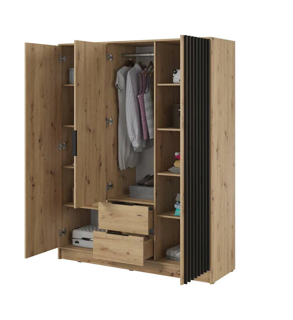 Nezliva Black Striped Polished Wooden Mirror Wardrobe with 2 Doors and 2 Drawers 155cm