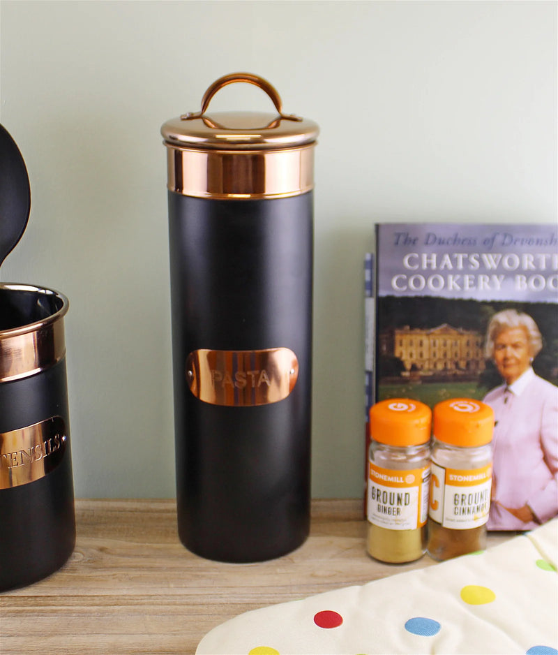 Black & Copper Kitchen Pasta Storage Canister Tin ~ Gorgeous Metal Spaghetti Jar