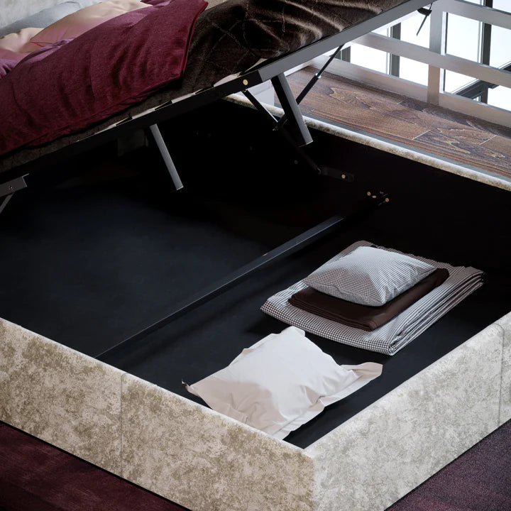 Muvazzi King Size Ottoman Faux Leather Bed in Gold velvet With Large Underbed Storage & Headboard