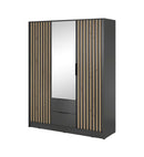 Nezliva Black Striped Polished Wooden Mirror Wardrobe with 2 Doors and 2 Drawers 155cm