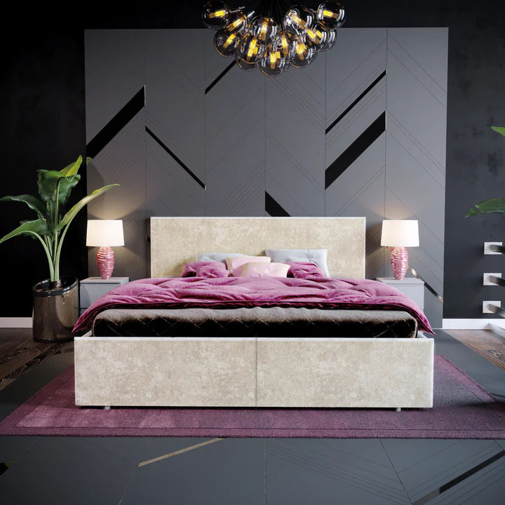 Muvazzi King Size Ottoman Faux Leather Bed in Gold velvet With Large Underbed Storage & Headboard