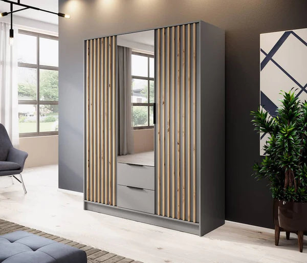 Nezliva Black Striped Polished Wooden Mirror Wardrobe with 2 Doors and 2 Drawers 155cm