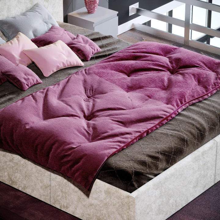 Muvazzi King Size Ottoman Faux Leather Bed in Gold velvet With Large Underbed Storage & Headboard