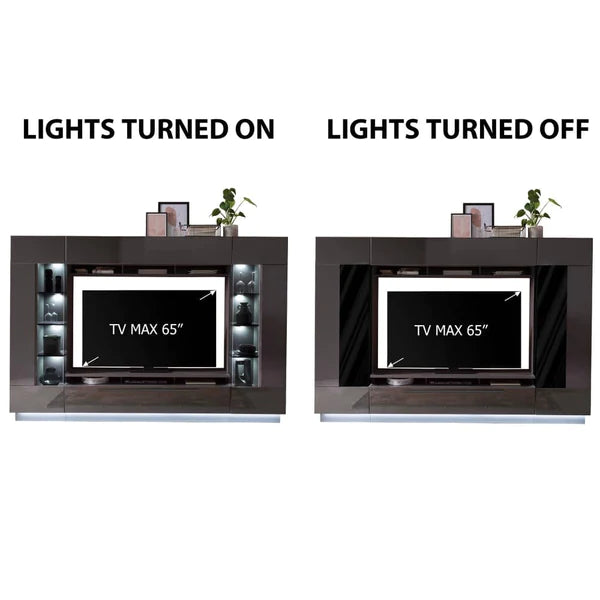 Luscanny Vezzit Large Grey High Gloss TV Entertainment Unit Living Room Set With Display Cabinets & LED Lights 275cm