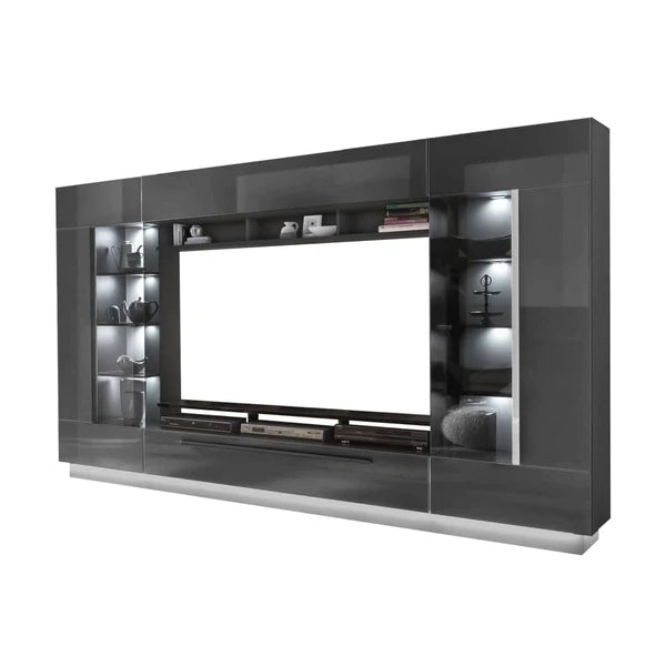 Luscanny Vezzit Large Grey High Gloss TV Entertainment Unit Living Room Set With Display Cabinets & LED Lights 275cm