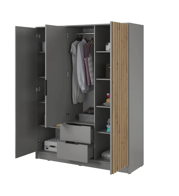 Nezliva Black Striped Polished Wooden Mirror Wardrobe with 2 Doors and 2 Drawers 155cm
