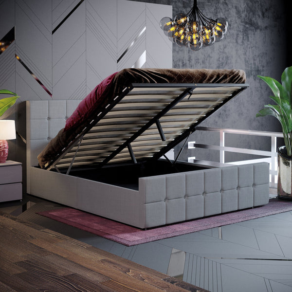 Muvazzi King Size Ottoman Bed in Linen Grey With Large Underbed Storage & Headboard
