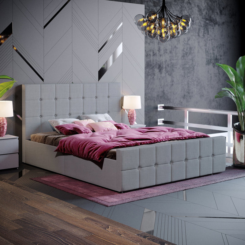 Muvazzi King Size Ottoman Bed in Linen Grey With Large Underbed Storage & Headboard