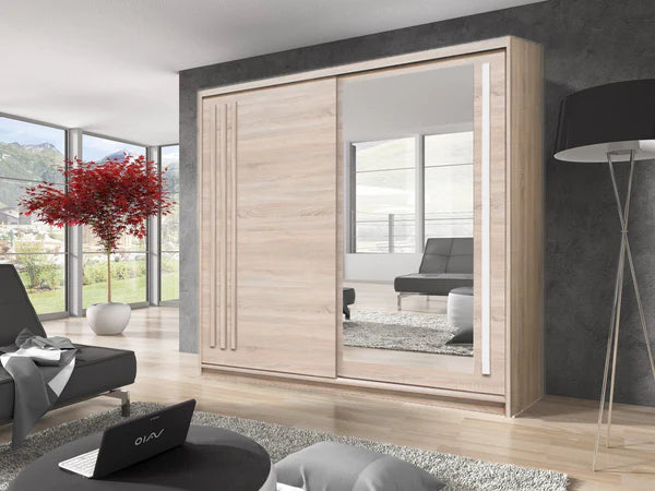 Veznon High Gloss Large Mirror Sliding Door Wardrobe 200cm in 4 Colors