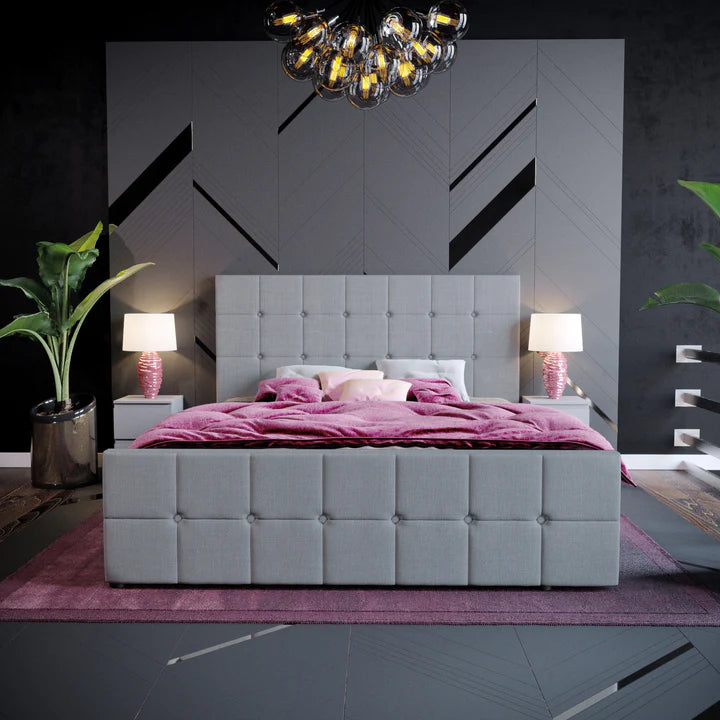 Muvazzi King Size Ottoman Bed in Linen Grey With Large Underbed Storage & Headboard