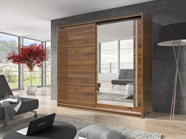 Veznon High Gloss Large Mirror Sliding Door Wardrobe 200cm in 4 Colors