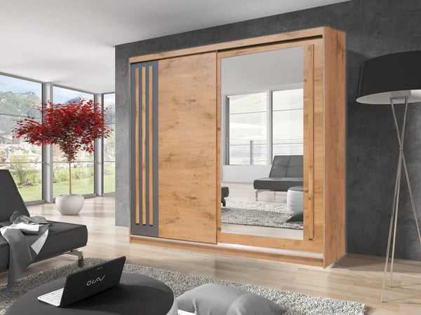 Veznon High Gloss Large Mirror Sliding Door Wardrobe 200cm in 4 Colors