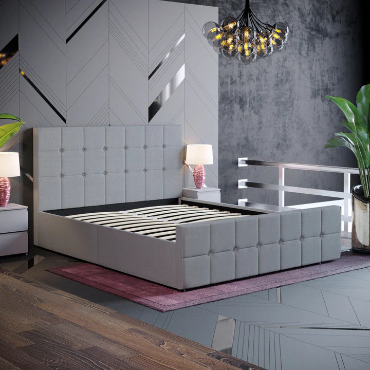 Muvazzi King Size Ottoman Bed in Linen Grey With Large Underbed Storage & Headboard