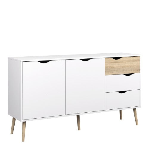 Luscanny Sideboard Cupboard Large 3 Drawers 2 Doors in White and Oak