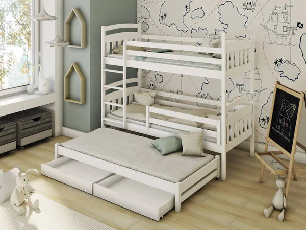 Luscanny XL Triple Wooden Bunk Bed with Trudle & Storage Drawers with mattress