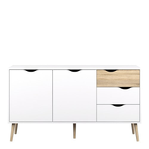 Luscanny Sideboard Cupboard Large 3 Drawers 2 Doors in White and Oak
