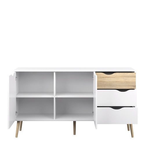 Luscanny Sideboard Cupboard Large 3 Drawers 2 Doors in White and Oak