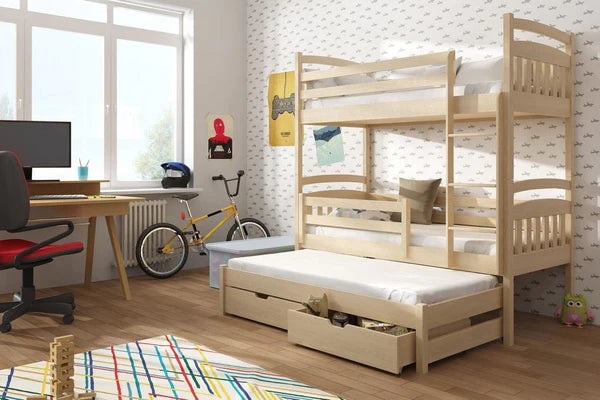 Luscanny XL Triple Wooden Bunk Bed with Trudle & Storage Drawers with mattress