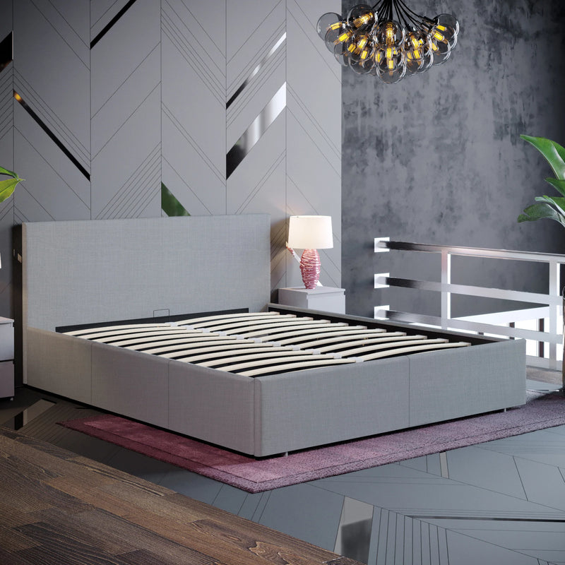 Muvazzi King Size Ottoman Faux Leather Bed in Light Grey With Large Underbed Storage & Headboard