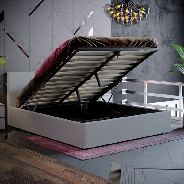 Muvazzi King Size Ottoman Faux Leather Bed in Light Grey With Large Underbed Storage & Headboard