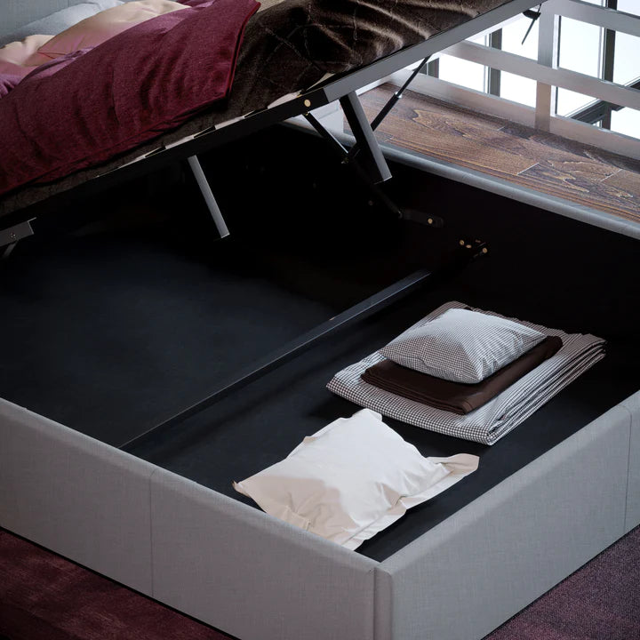 Muvazzi King Size Ottoman Faux Leather Bed in Light Grey With Large Underbed Storage & Headboard