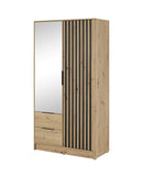 Nezliva Black Striped Polished Wooden Mirror Wardrobe with 2 Doors and 2 Drawers 105cm