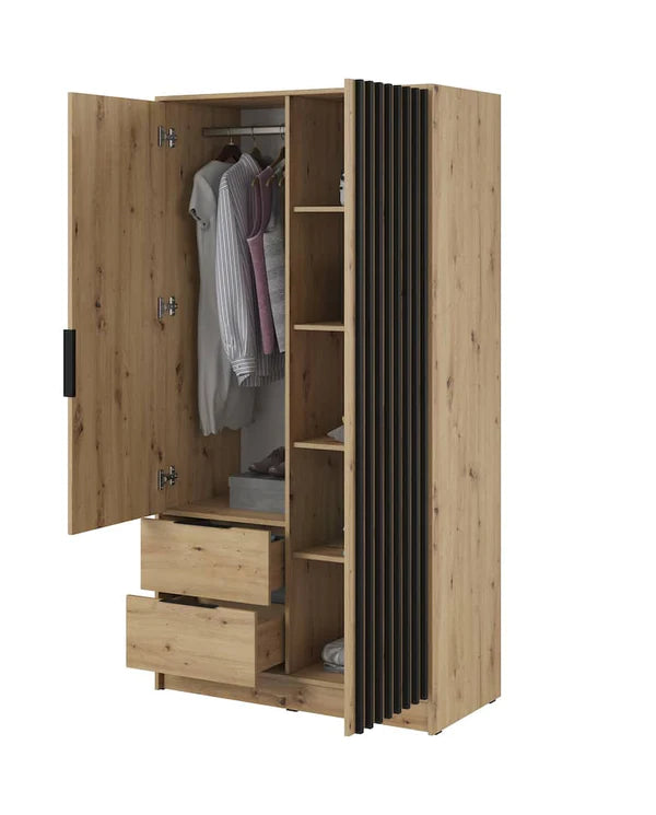 Nezliva Black Striped Polished Wooden Mirror Wardrobe with 2 Doors and 2 Drawers 105cm