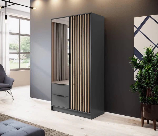 Nezliva Black Striped Polished Wooden Mirror Wardrobe with 2 Doors and 2 Drawers 105cm